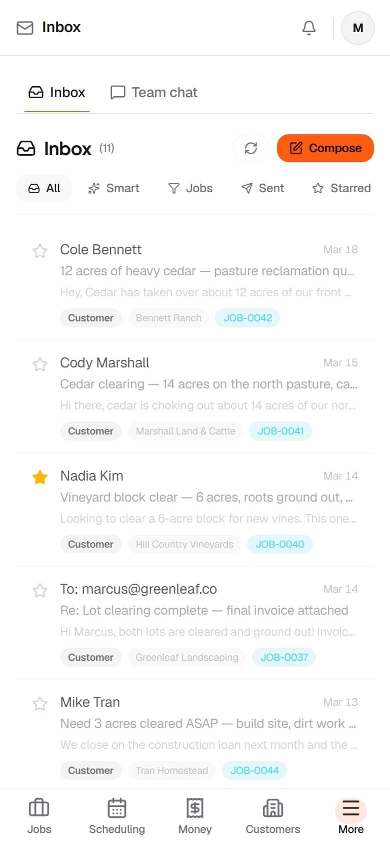 Lead inbox — the Mastiff mobile app