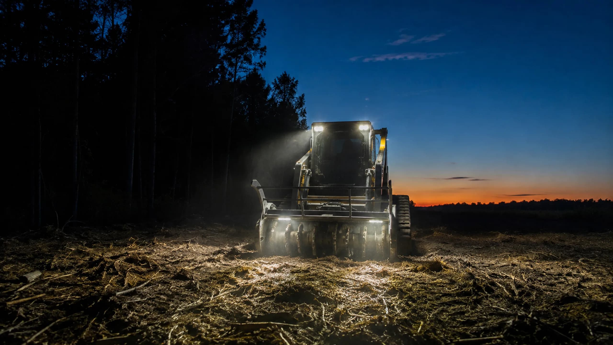 A tracked forestry mulcher working a cleared tract at blue hour, work lights raking through the dust